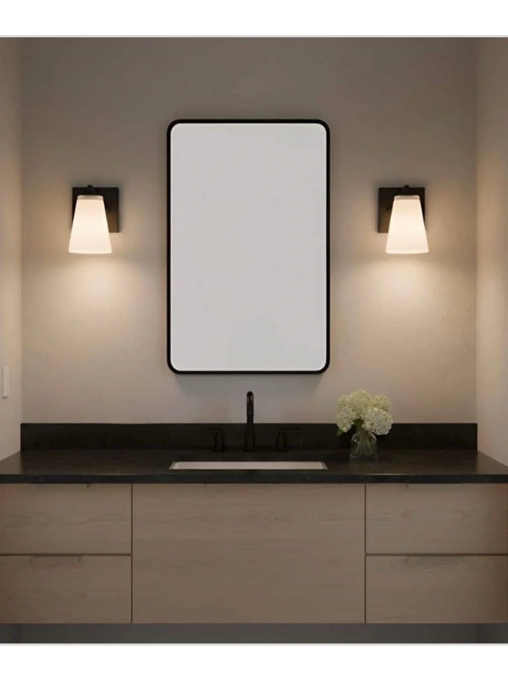 New Generation Lighting Modern Black Wall Sconce with White Ribbed Glass Shade
